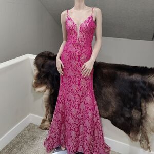 Pink Floral Lace Elegant & Sexy Cross Back Evening Dress, V-neck Party Dress